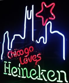 CHICAGO LOVES HEINEKEN NEON ORIGINAL: CHICAGO LOVES HEINEKEN NEON ORIGINAL sign is likely used for promotional purposes in bars, restaurants, or events in the Chicago area to connect the Heineken brand with local pride. 23 x 24
