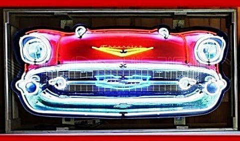 CHEVROLET BEL AIR GRILL NEON 60 x 27 x 6: The Chevrolet Bel Air Grill’ neon sign is made from neon glass tubes and built with special shock absorbing tube supports on a color printed background. Because of this background the connection