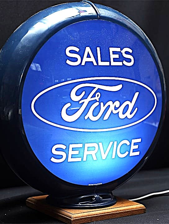 FORD SALES AND SERVICE REPRODUCTION GLOBE AND LIGHTED BASE: BRIGHT BLUE FORD SALES AND SERVICE GLOBE 15" WITH CUSTOM LIGHTED BASE