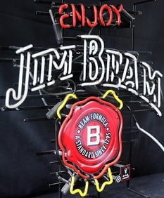 JIM BEAM ORIGINAL NEON: VINTAGE EXAMPLE OF ORIGINAL BEER NEON SIGN 27 X 27 The image features the Jim Beam logo, a well-known American bourbon whiskey brand founded in 1795. The design strongly reflects heritage, tradition,