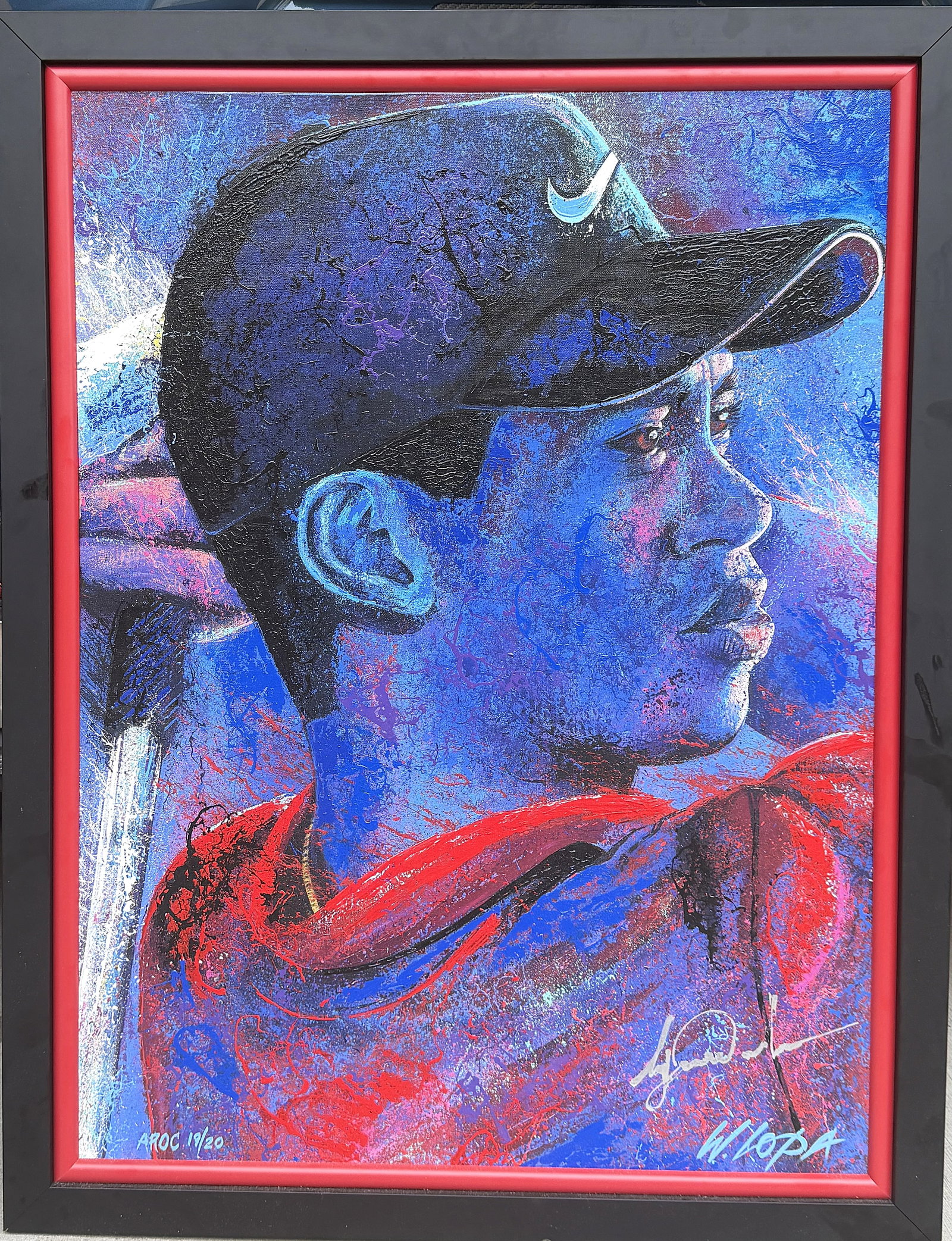 TIGER WOODS PAINTING SIGNED BY HIM AND ARTIST WILLIAM LOPA 40X 31": William "Bill" Lopa is a prominent American sports and contemporary fine artist widely recognized for his signature style known as "Kinetic Impressionism". Based out of Nutley, New Jersey, Lopa uses a