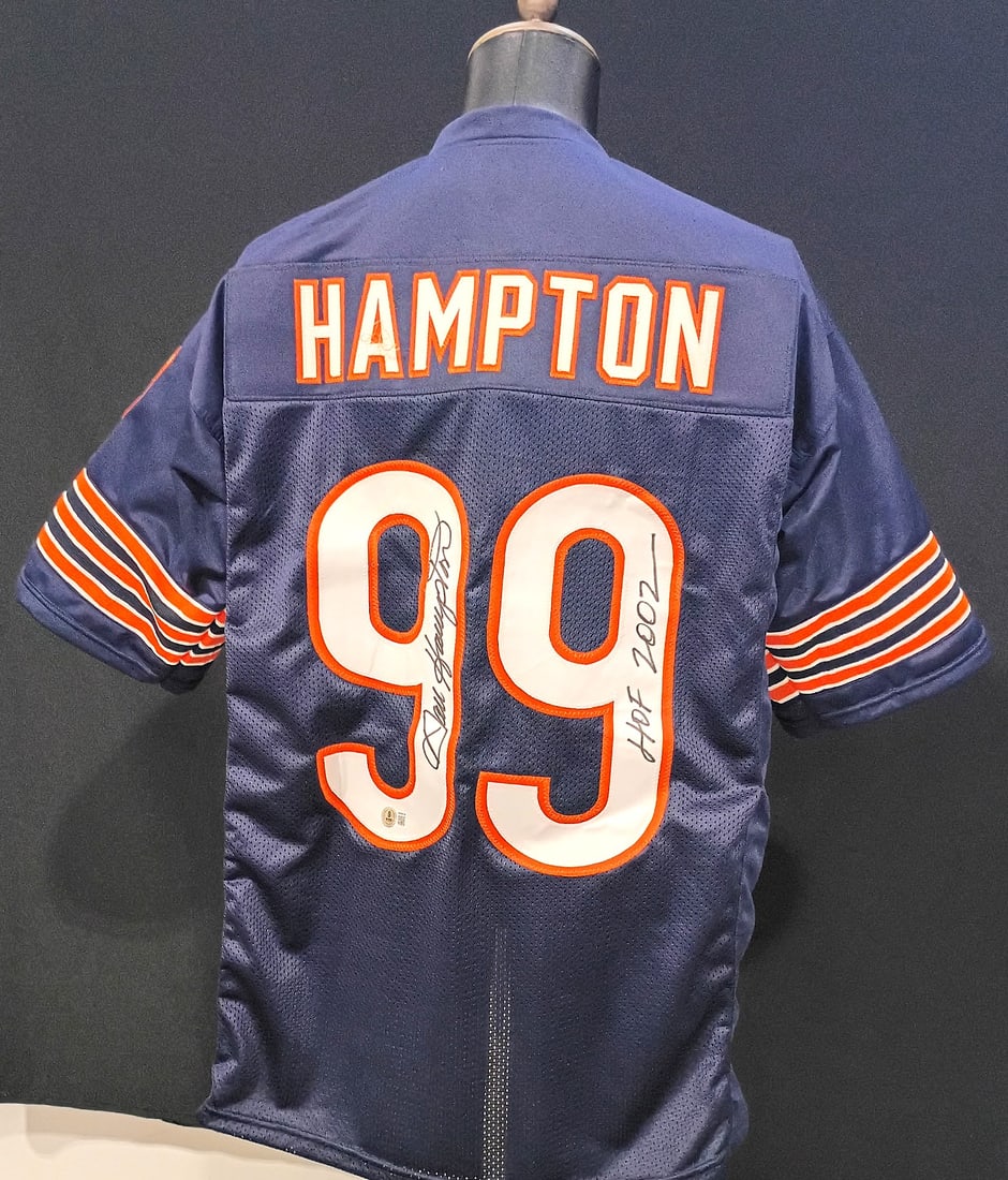 DAN HAMPTON BECKETT AUTHENTICATED SIGNED INSCRIBED JERSEY "HOF 2002"-: DAN HAMPTON SIGNED INSCRIBED JERSEY "HOF 2002"- BECKETT Dan Hampton was one of the cornerstone players of the legendary 1985 Chicago Bears defense and is considered one of the greatest defensive linem