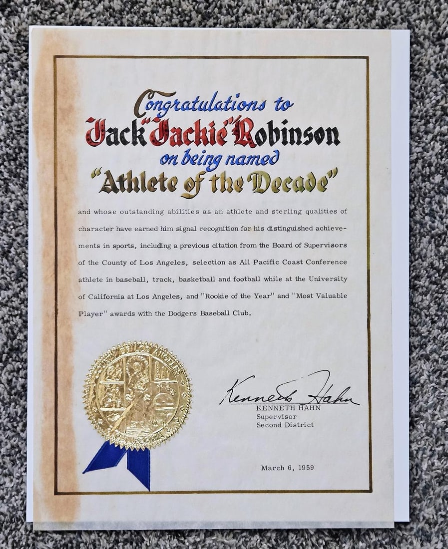 1959 JACKIE ROBINSON ATHLETE OF THE DECADE AWARD: The 1950's was the year of the NY teams, Yankees and Dodgers. Between Mantle and Jackie Robinson, both leagues had an idol to cheer on and for the kids to look up to. It was the county of Los Angeles 