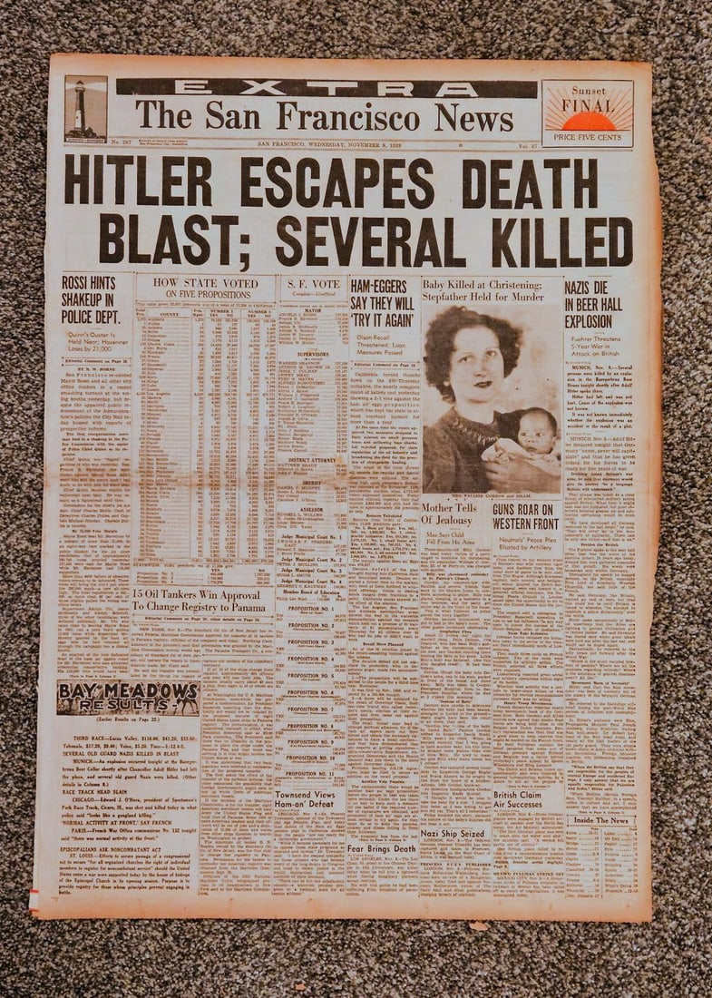 1939 ADOLF HITLER ESCAPES DEATH NEWSPAPER: November 1939, The headline is as dramatic as they come. Even before Hitler destroyed the Jewish population, the world knew he was a menace. Think of how different things would be if Hitler was