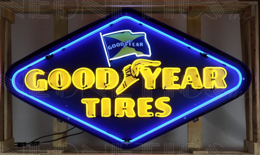 GOODYEAR TIRES DIAMOND NEON 35 X 58: Goodyear Diamond Neon is a large, high-quality neon sign featuring the iconic Goodyear Tires diamond logo. These signs are popular collector's items for car enthusiasts.Neon features multi-colored, ha