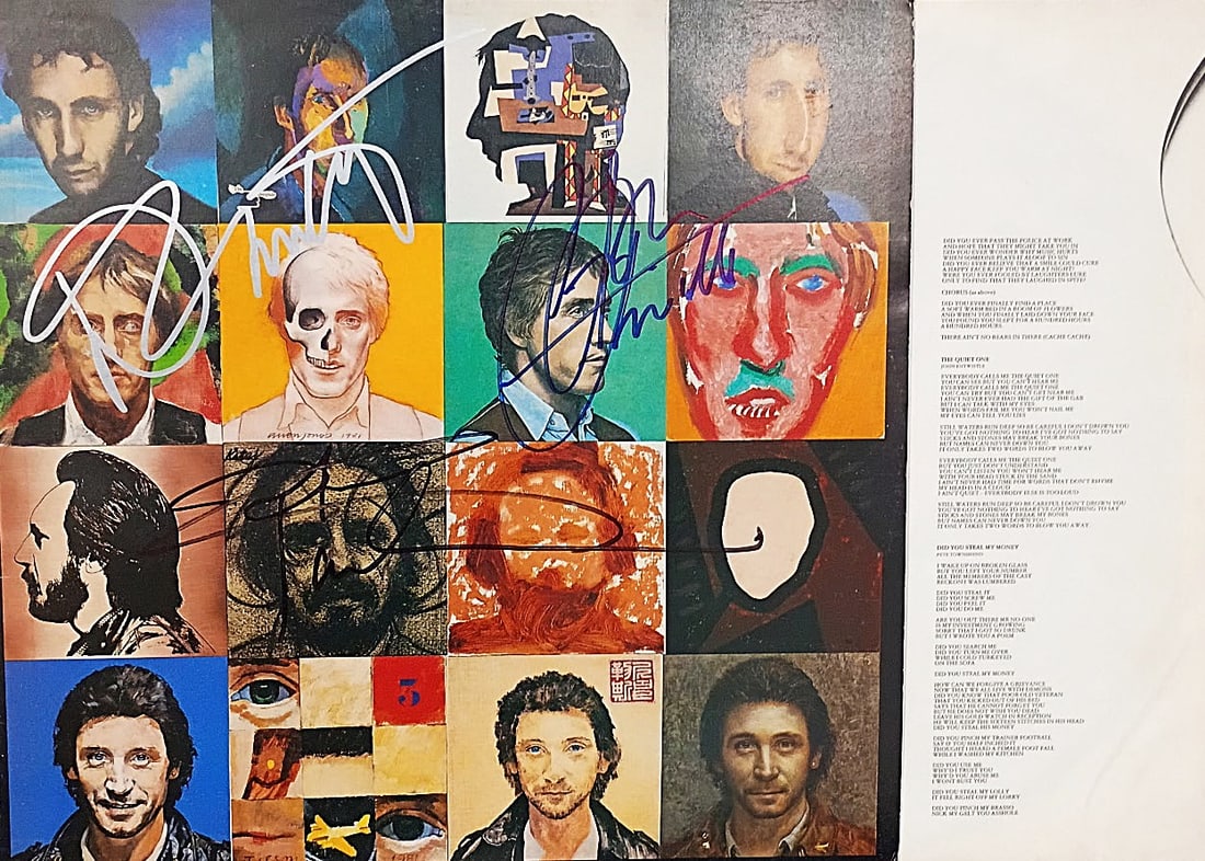 THE WHO BAND SIGNED LP "FACE DANCES" ALBUM - REAL AUTHENTICS: The Who – Face Dances (1981), which features a grid of portraits by Peter Blake. Signatures: Roger Daltrey – large silver signature on the left side. Pete Townshend – blue signature 