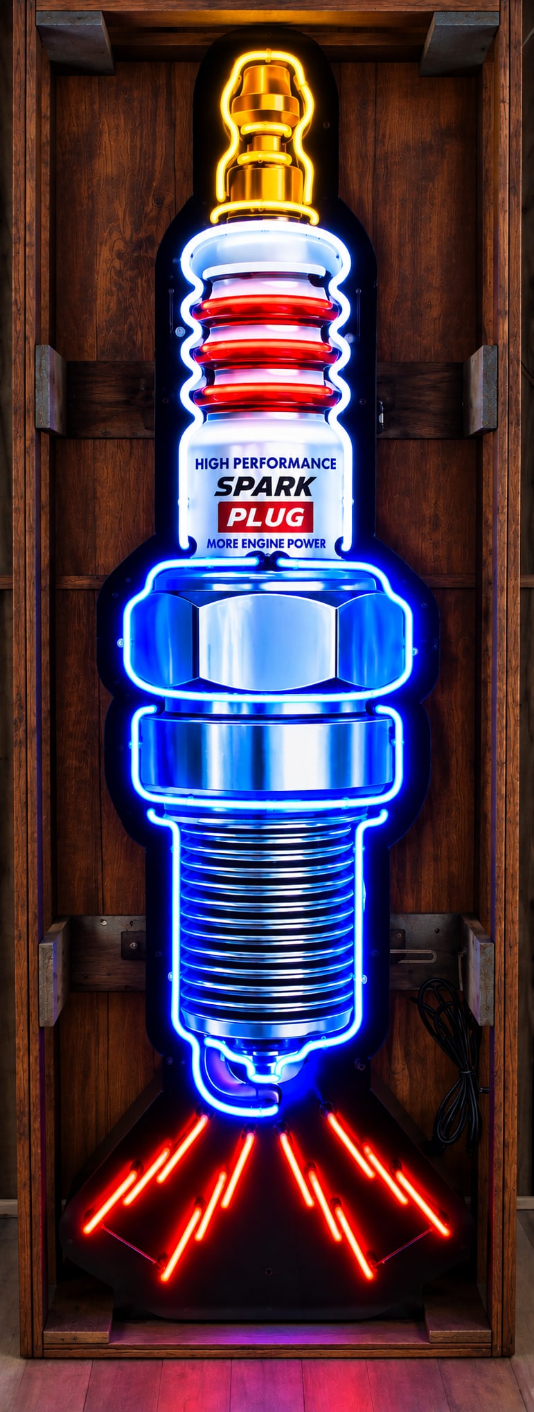 SPARK PLUG NEON: FROM MY MANCAVE TO YOURS! BRIGHT NEON TUBING 60 X 19 X 7 AC FIRE RING SPARK PLUG NEON SIGN Striking vintage-style neon advertising sign featuring a large AC Fire Ring Spark Plug rendered in brilliant 