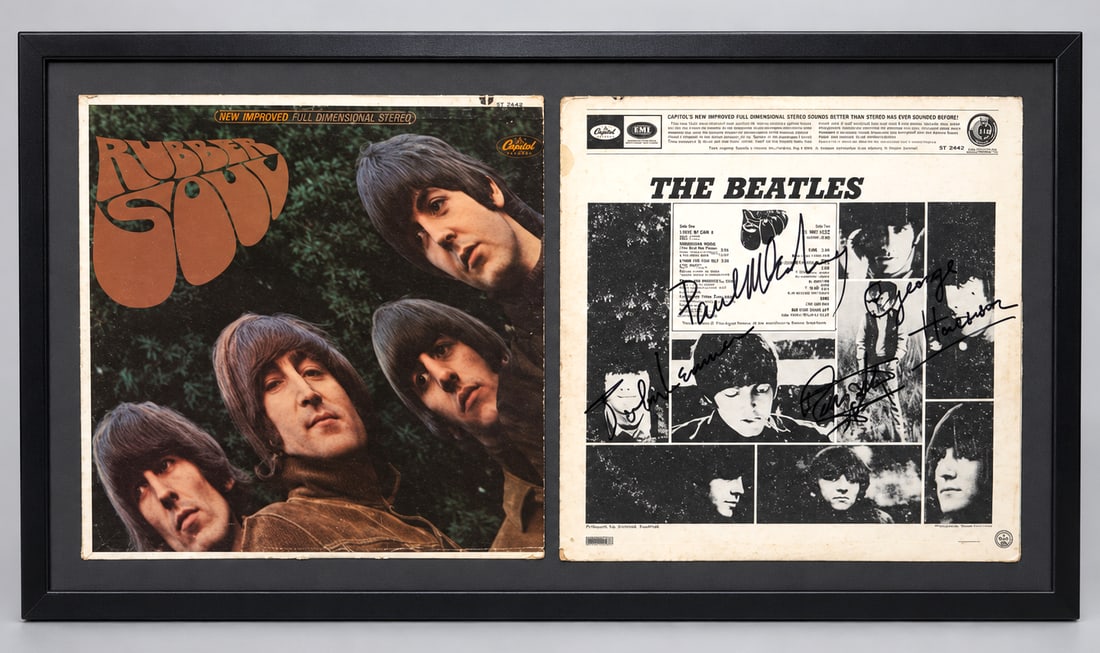 BEATLES RUBBER SOUL ALBUM SIGNED BY ALL 4: BEATLES RUBBER SOUL Forensically Authenticated AI ANALYSIS: The Beatles’ four signatures on a Rubber Soul-Album: John Lennon — upper left/center. The large flowing “John Lennon” style has