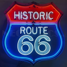 HISTORIC ROUTE 66 NEON 36": BEAUTIFUL NEW NEON- MOVING FORCES SALE OF MY MANCAVE COLLECTION 35 X 35 X 6 The neon signs of Historic Route 66 are more than just a form of advertising; they are a vital part of the highway's