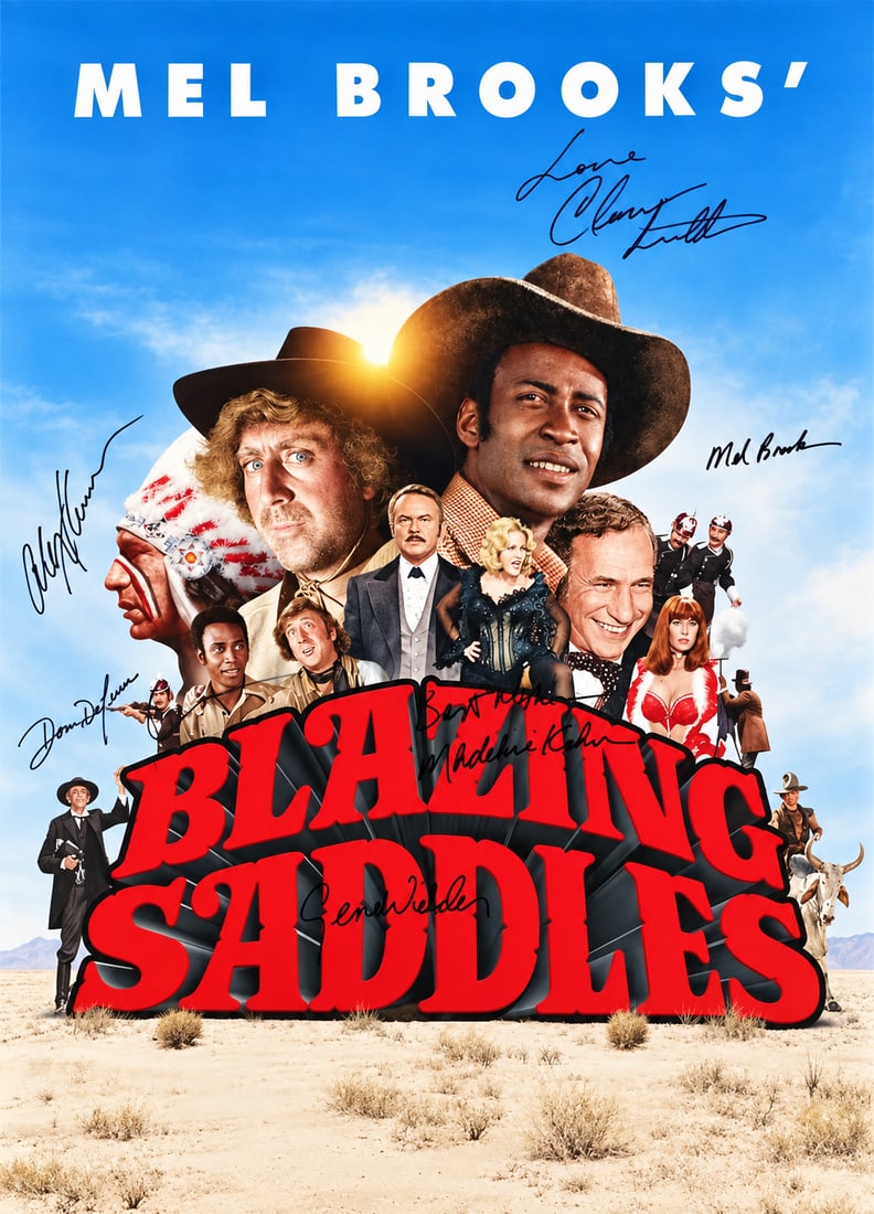 BLAZING SADDLES CAST SIGNED POSTER-REAL AUTHENTIC: BLAZING SADDLES CAST SIGNED POSTER -REAL AUTHENTIC Blazing Saddles is a 1974 satirical Western comedy directed by and co-written by Mel Brooks. It's widely regarded as one of the greatest comedy films
