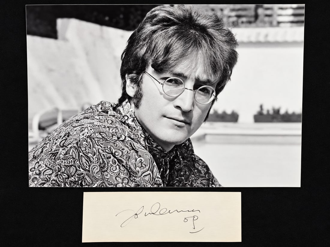 JOHN LENNON HAND SIGNED VINTAGE CUT AUTHENTICATED AND PHOTO: AI ANALYSIS: John Lennon — comparative autograph analysis I compared your image visually with authenticated Lennon examples, including examples cataloged by PSA Autograph Facts and