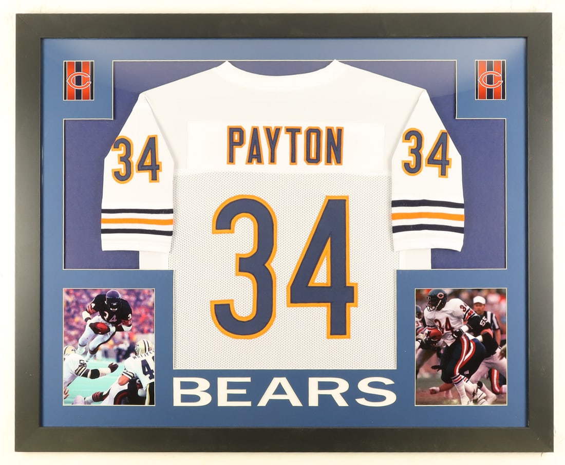 WALTER PAYTON #34 CHICAGO BEARS JERSEY DISPLAY UNSIGNED: WALTER PAYTON #34 CHICAGO BEARS FRAMED JERSEY & PHOTO DISPLAY — UNSIGNED Walter Payton #34 Chicago Bears framed jersey display, featuring an unsigned replica-style jersey with Payton name and