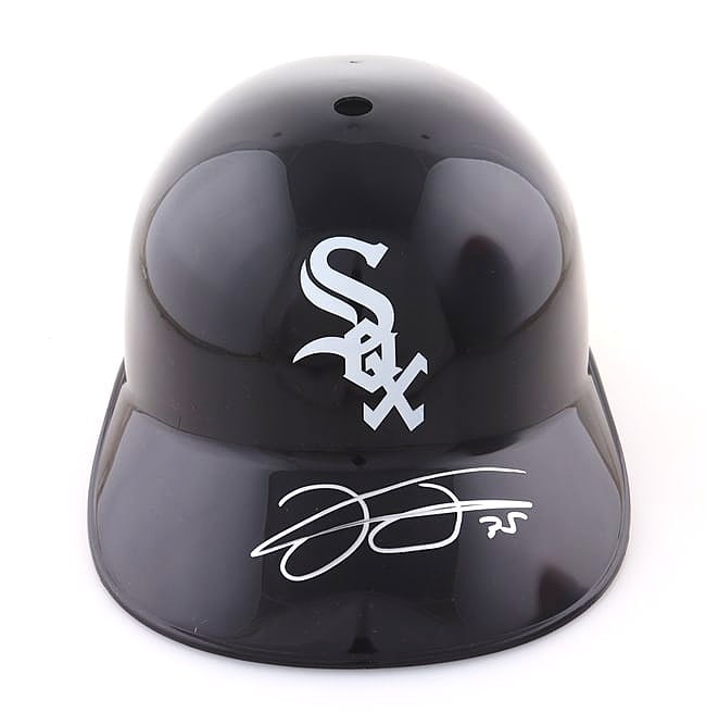 FRANK THOMAS SIGNED FULL SIZE CHICAGO WHITE SOX BATTING HELMET-SCHWARTZ AND FRANK THOMAS SIGNED 8 X: Add a powerhouse piece to your collection with this dual-signature lot from "The Big Hurt," Frank Thomas. This display-ready set features a full-size Chicago White Sox batting helmet and a coordinatin