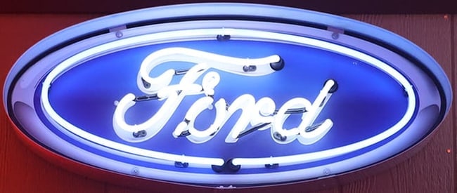 FORD LOGO NEON (IN CAN): BRIGHT NEON TUBING MEASUREMENTS: 30 X 12 X 6 This neon signs in metal can features hand blown neon tubing. The glass tubes are surrounded by a sturdy, commercial grade black steel housing. Your neon