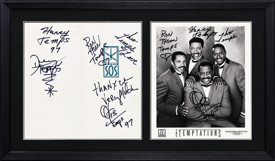 TEMPTATIONS SIGNED AUTHENTICATED PHOTO AND NAPKIN: The Temptations are one of the most successful groups in music history, known for their distinct harmonies, choreographed dance moves, and flashy wardrobe. Often referred to as "The Emperors of