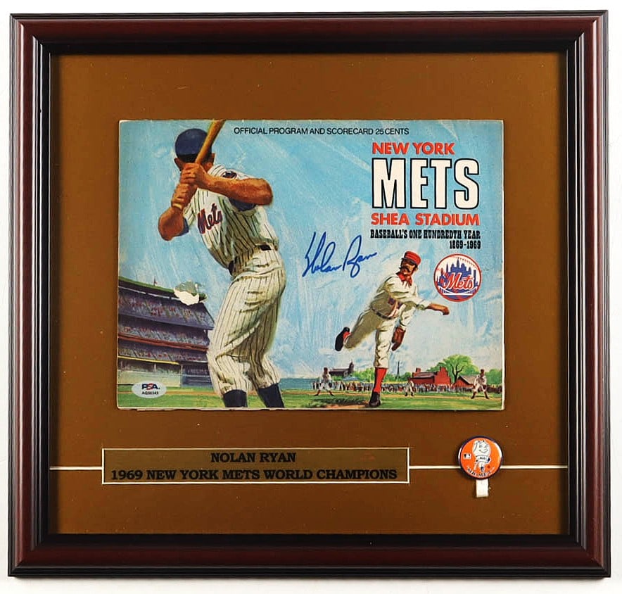 1969 NEW YORK METS PROGRAM SIGNED NOLAN RYAN-PSA: NOLAN RYAN SIGNED 1969 NEW YORK METS PROGRAM — PSA/DNA AUTHENTICATED — WORLD SERIES CHAMPION DISPLAY Outstanding 1969 New York Mets Official Program and Scorecard, boldly signed in blue by Hall