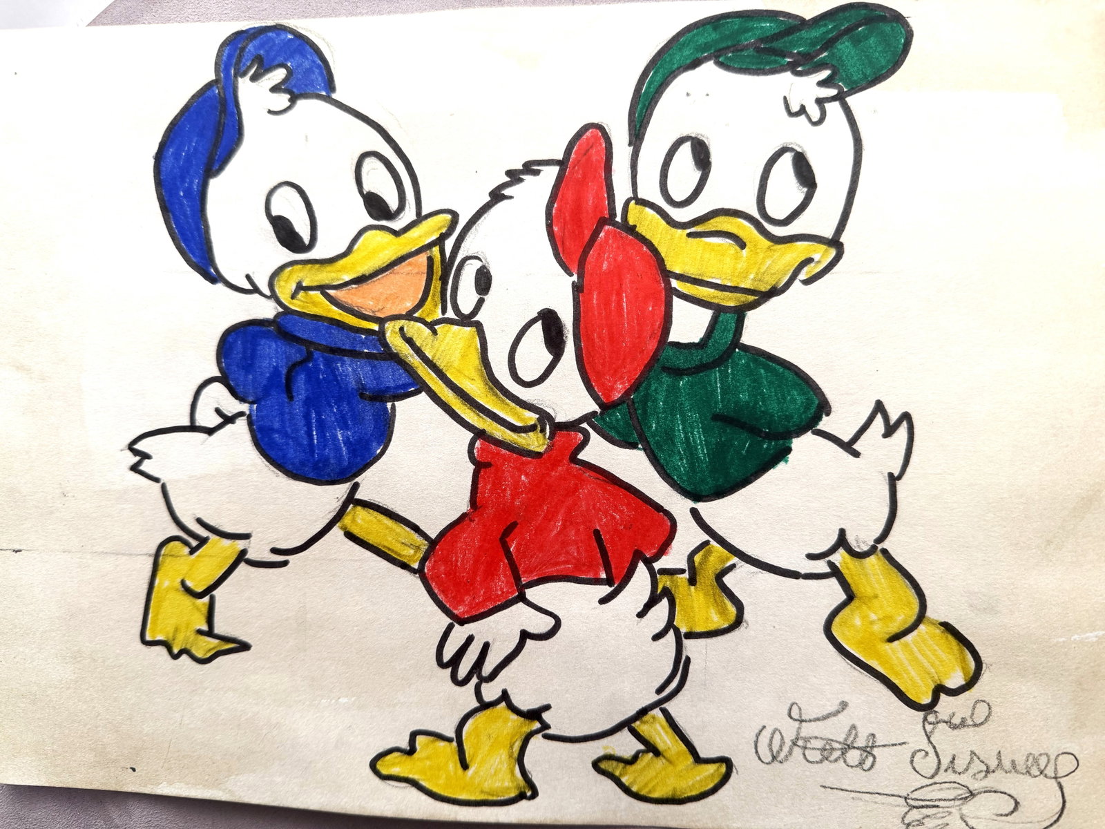 WALT DISNEY HUEY, DEWEY, AND LOUIE ORIGINAL CARTOON DRAWING SIGNED BY "WALT DISNEY": WALT DISNEY SIGNED ORIGINAL HUEY, DEWEY & LOUIE CHARACTER ARTWORK — WALT DISNEY PRODUCTIONS / NEW YORK GALLERY PROVENANCE Exceptional vintage Disney character artwork featuring Donald Duck’s
