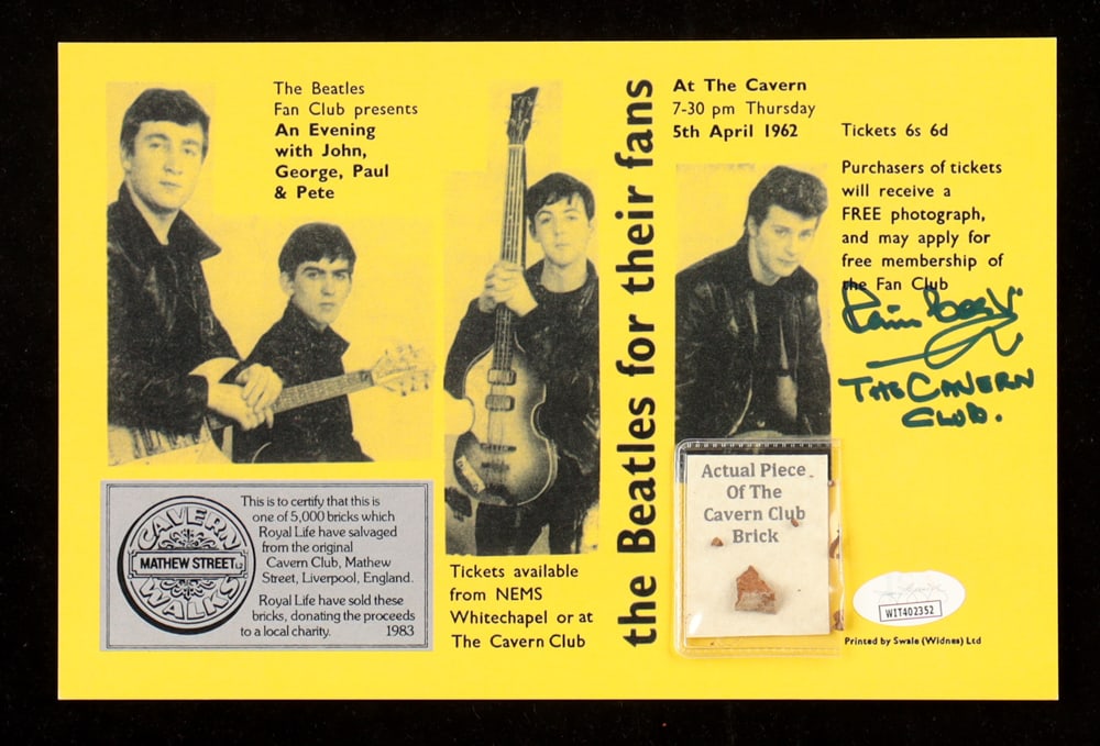 PETE BEST JSA SIGNED THE CAVERN CLUB PRINT CUT w/ ORIGINAL BRICK PIECE INSCRIBED "THE CAVERN CLUB'" (1 of 4)