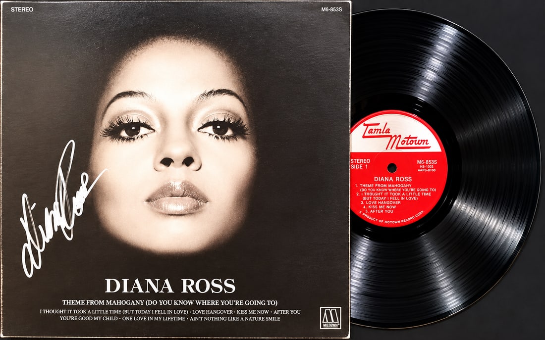 DIANA ROSS SIGNED LP ALBUM "THEME FROM MAHOGONY"-REAL AUTHENTIC: DIANA ROSS SIGNED LP ALBUM "THEME FROM MAHOGONY"-REAL AUTHENTIC Striking Diana Ross autographed Motown album, featuring a dramatic black-and-white portrait of the legendary singer on the cover. The