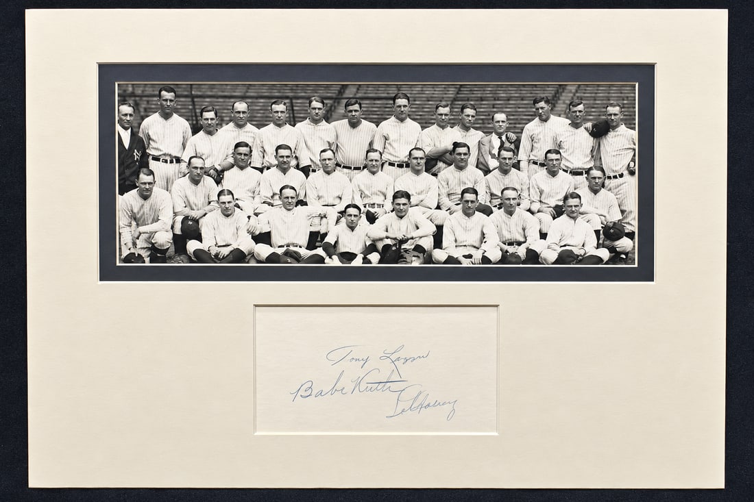 TONY LAZZERI BABE RUTH LOU GEHRIG SIGNATURE CUT: TONY LAZZERI, BABE RUTH & LOU GEHRIG — NEW YORK YANKEES SIGNATURE CUT AND PHOTO Exceptional multi-signed autograph cut featuring Tony Lazzeri, Babe Ruth and Lou Gehrig, three legendary members of