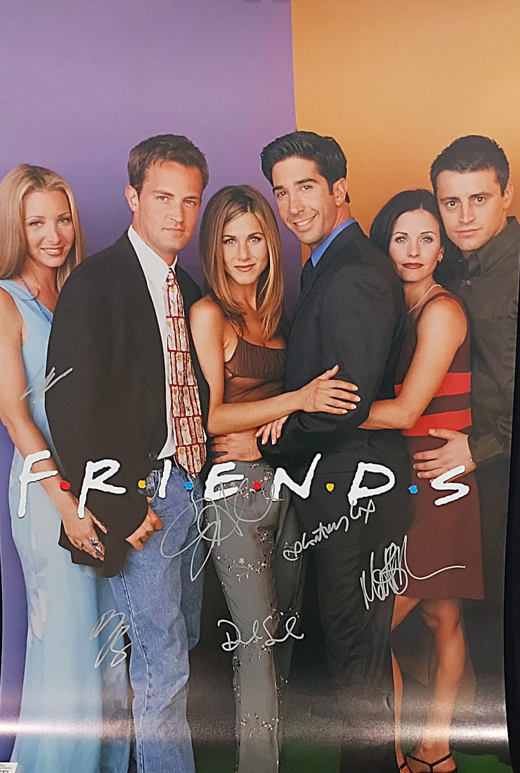 FRIENDS CAST SIGNED POSTER- AUTHENTICATED BY REAL AUTHENTIC: FRIENDS CAST SIGNED PROMOTIONAL POSTER — SIX CAST AUTOGRAPHS Large-format Friends promotional poster featuring the six principal cast members: Jennifer Aniston, Courteney Cox, Lisa Kudrow, Matt