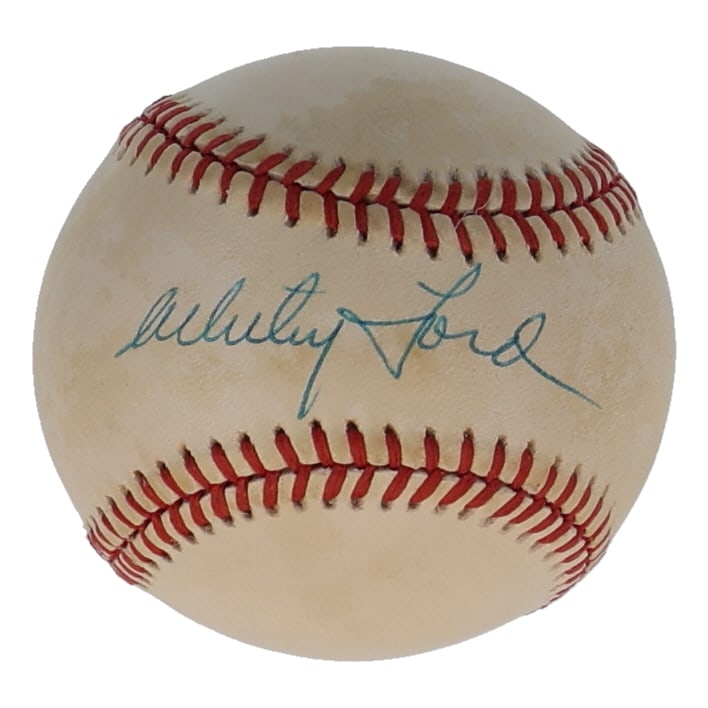 WHITEY FORD OFFICIAL AMERTICAN LEAGUE SIGNED BASEBALL -PSA: WHITEY FORD SIGNED BASEBALL — PSA AUTHENTICATED — NEW YORK YANKEES HALL OF FAMER Exceptional Whitey Ford autographed baseball, prominently signed in blue ink. Known as “The Chairman of the