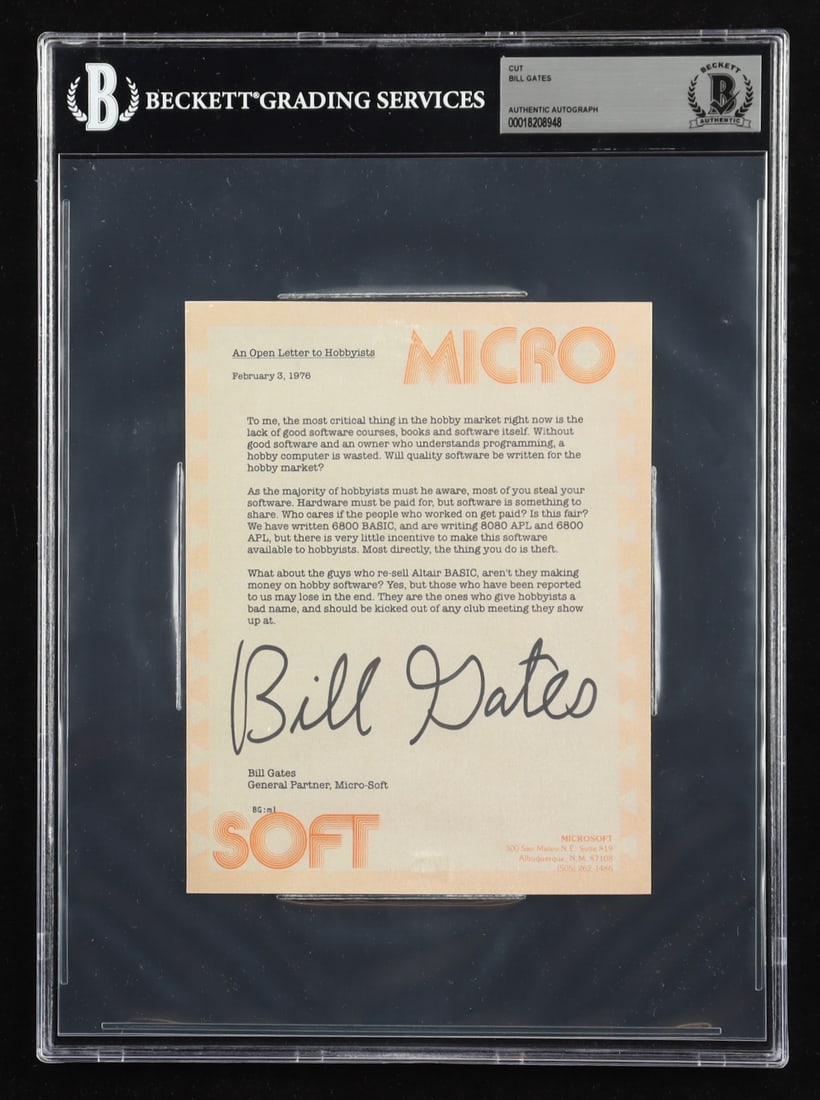 BILL GATES SIGNED "OPEN LETTER TO HOBBYISTS"-BECKETT: BILL GATES SIGNED 1976 “OPEN LETTER TO HOBBYISTS” — BECKETT AUTHENTICATED Exceptional Bill Gates autographed “An Open Letter to Hobbyists,” dated February 3, 1976, encapsulated and