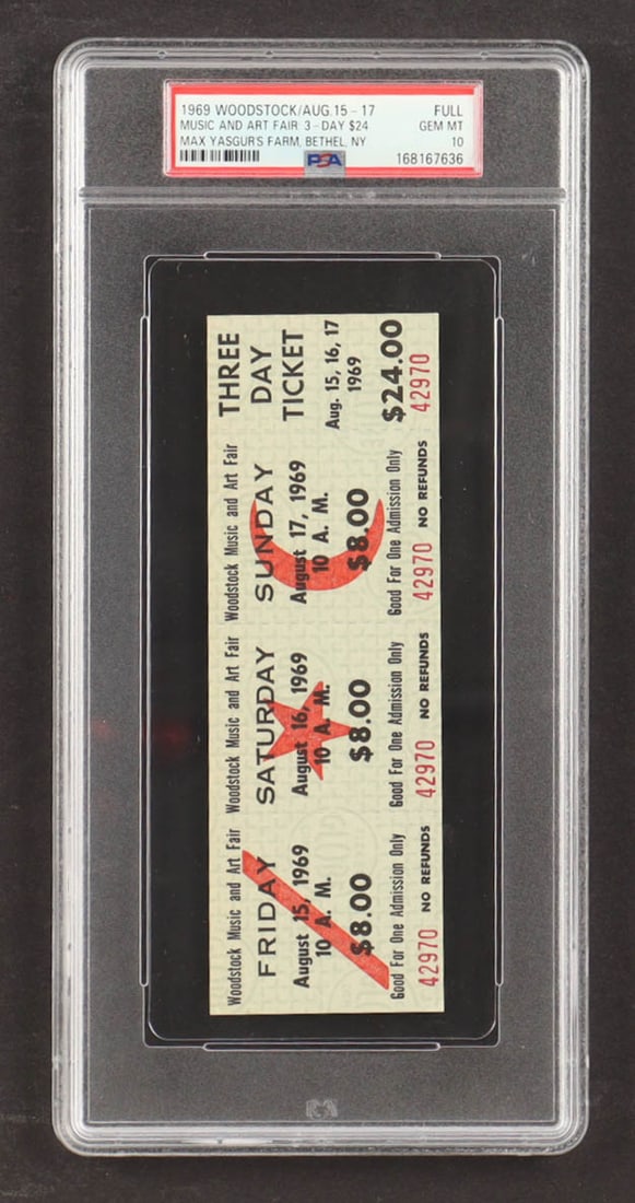 1969 WOODSTOCK ORIGINAL 3-DAY FULL TICKET — PSA GEM MINT 10: 1969 WOODSTOCK ORIGINAL 3-DAY FULL TICKET — PSA GEM MINT 10 Exceptional original three-day admission ticket to the legendary 1969 Woodstock Music and Art Fair, held August 15–17, 1969 at Max