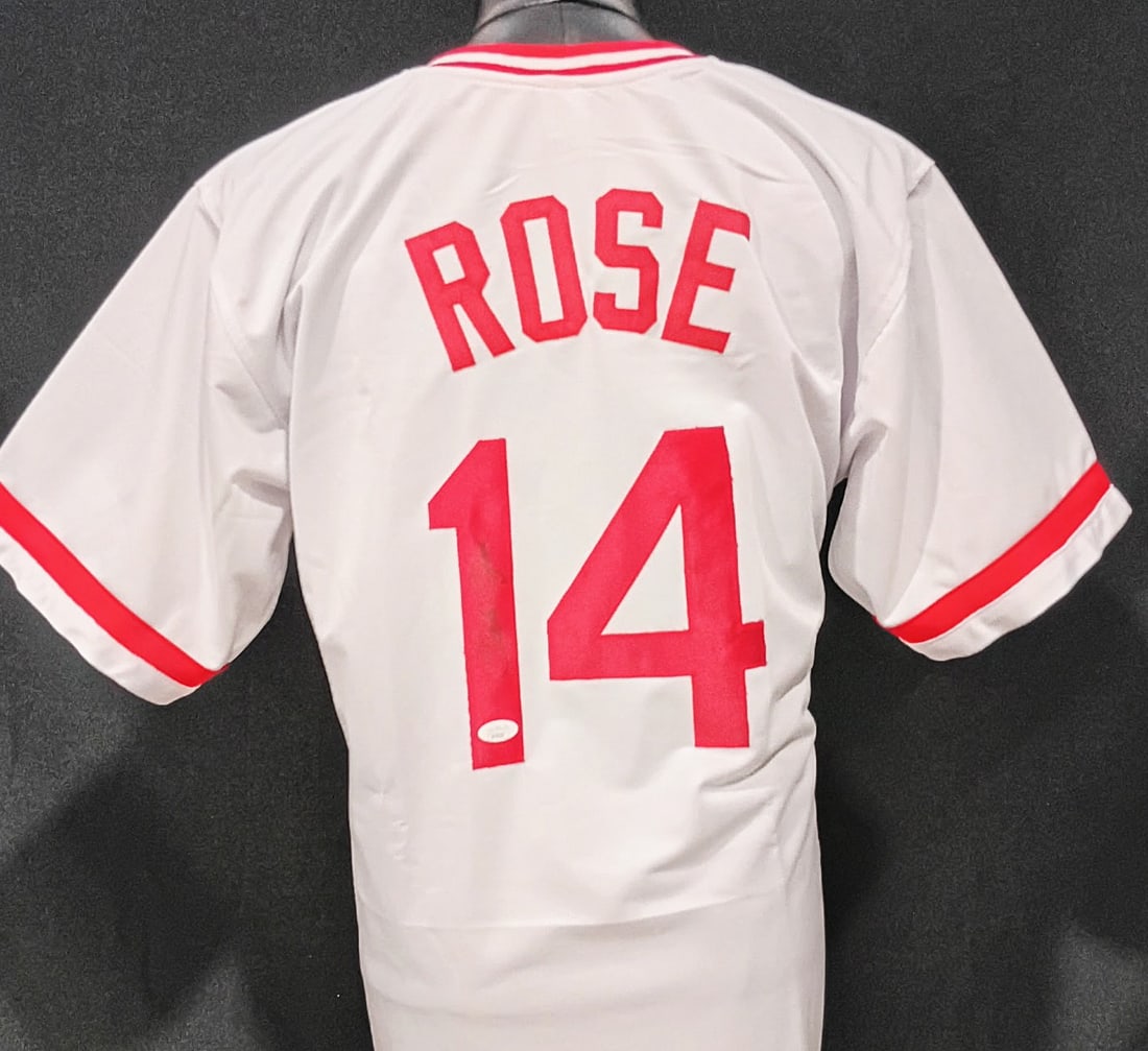 PETE ROSE -JSA AUTHENTICATED SIGNED CINNCINNATI REDS JERSEY: PETE ROSE -JSA AUTHENTICATED SIGNED CINNCINNATI REDS JERSEY Career highlights MLB all-time hits leader: 4,256 hits (still the record)3× World Series champion (1975, 1976 Reds; 1980 Phillies)NL