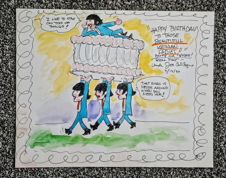 BEATLES HAND DRAWN BIRTHDAY CARD FROM ORIGINAL 1960'S CARTOON ARTIST: BEATLES HAND DRAWN BIRTHDAY CARD FROM ORIGINAL 1960'S CARTOON ARTIST JOE CALGANO. I had the pleasure of meeting Joe in California in the 1980's. Not only was he the most knowledgeable Beatles cartoon 