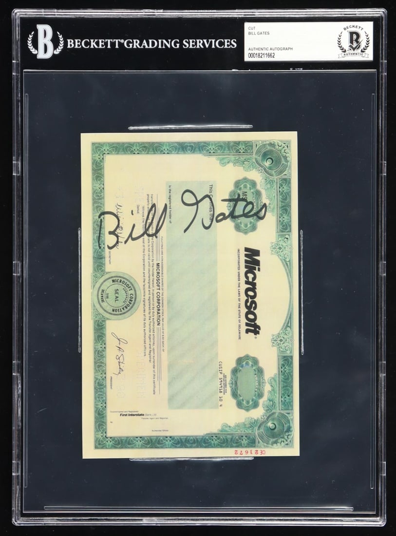 BILL GATES BECKETT AUTHENTICATED SIGNED MICROSOFT STOCK CERTIFICATE: BILL GATES BECKETT AUTHENTICATED SIGNED MICROSOFT STOCK CERTIFICATE RARE! Bill Gates signatures are significantly scarcer than those of many celebrities because: He has historically signed infrequentl