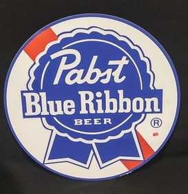 PABST BLUE RIBBON ORIGINAL METAL SIGN 24X24: Classic Pabst Blue Ribbon Logo Mertal Sign A blue ribbon shape across the center with the words “Pabst Blue Ribbon” in white. A circular badge-style background. The colors are mainly blue,
