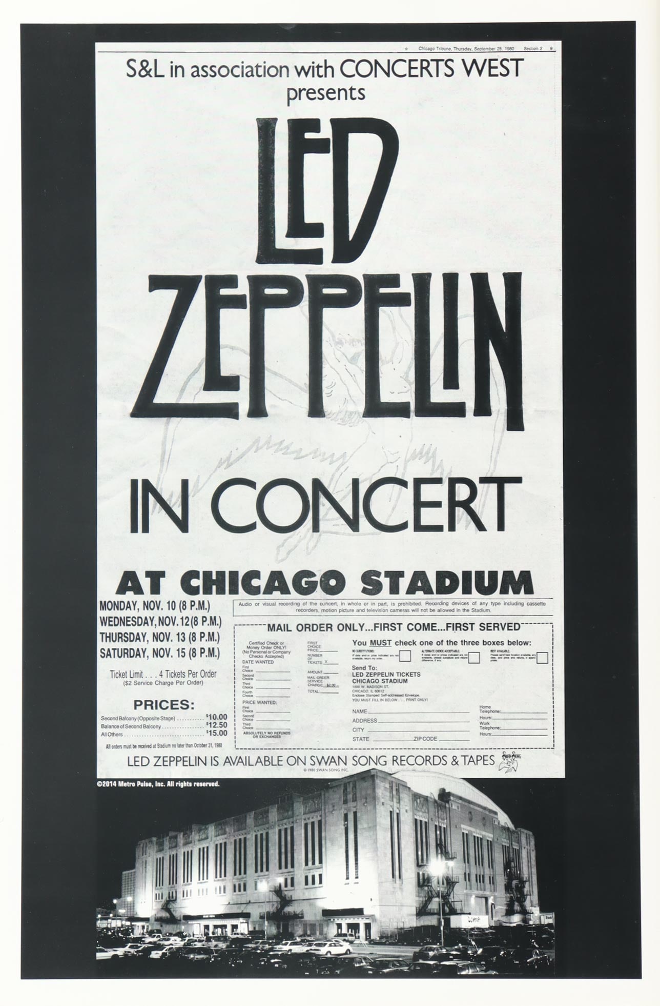 LED ZEPPELIN REPRINT 1980 CHICAGO STADIUM CONCERT 12 X 18 POSTER & ORIGINAL CONCERT TICKET: LED ZEPPELIN — 1980 CHICAGO STADIUM CANCELLED CONCERT TICKET WITH ORIGINAL DOCUMENTATION