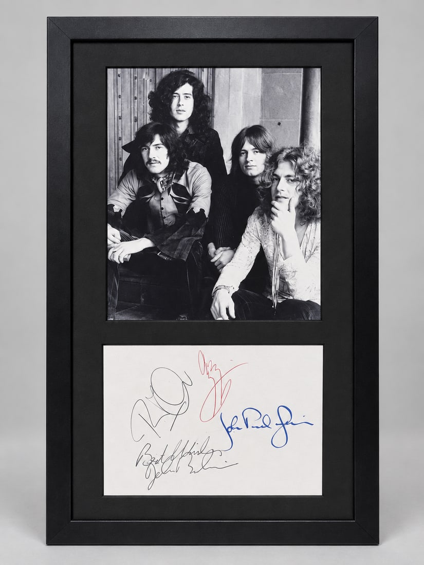 LED ZEPPELIN PHOTO AND SIGNATURE CUT OF ALL 4 BAND MEMBERS: LED ZEPPELIN – FOUR SIGNATURE FRAMED DISPLAY Impressive Led Zeppelin signed display featuring a classic black-and-white photograph of the legendary rock group together with a separate signature pane