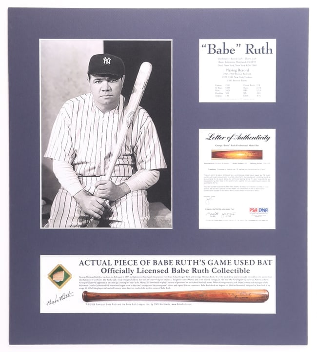BABE RUTH YANKEES CUSTOM MATTED PSA AUTHENTICATED GAME USED BASEBALL BAT PIECE (1 of 2)
