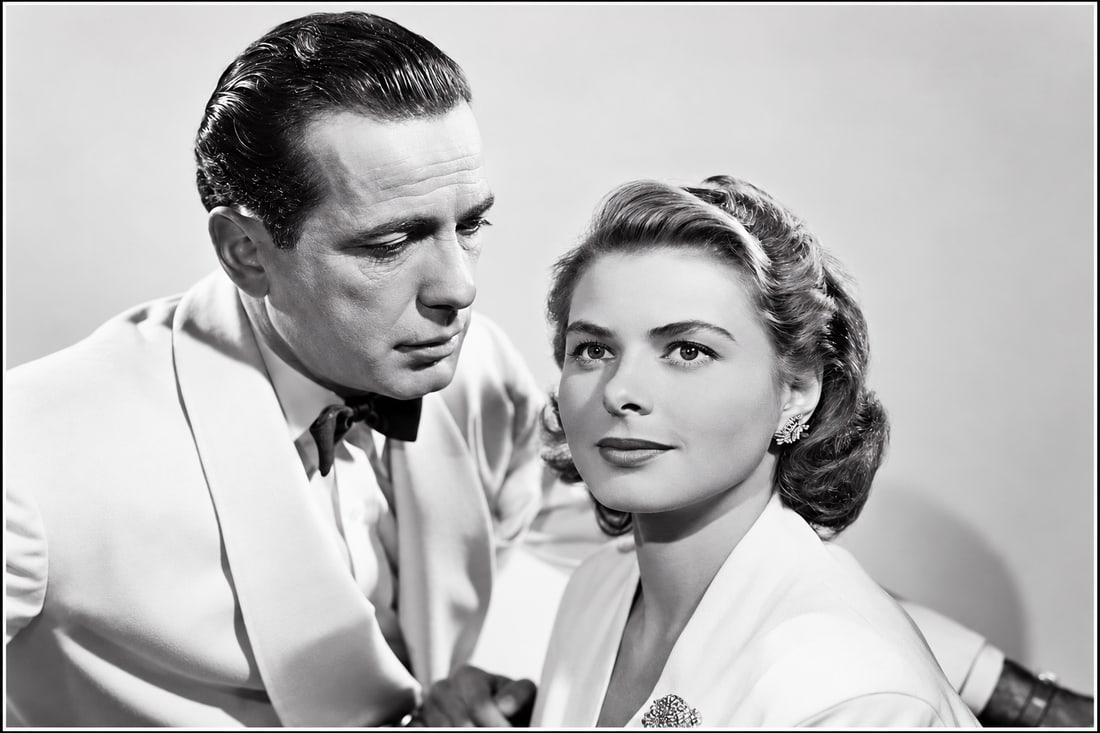HUMPHREY BOGART AND INGRID BERGMAN RARE SIGNATURE CUTS: HUMPHREY BOGART & INGRID BERGMAN SIGNATURE CUTS – CASABLANCA TRIBUTE Classic Hollywood memorabilia pairing signature cuts presented as Humphrey Bogart and Ingrid Bergman with a striking