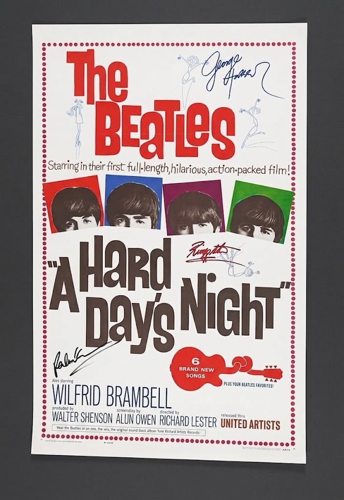BEATLES HARD DAYS NIGHT POSTER SIGNED BY 3 -REAL AUTHENTIC: BEATLES HARD DAYS NIGHT POSTER SIGNED BY 3