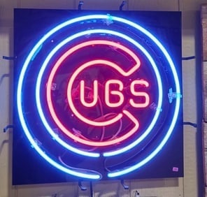CHICAGO CUBS NEON: CHICAGO CUBS LARGE NEON “C” LOGO SIGN — RED, WHITE & BLUE Impressive Chicago Cubs neon display sign featuring the iconic circular Cubs “C” logo illuminated in brilliant red, white
