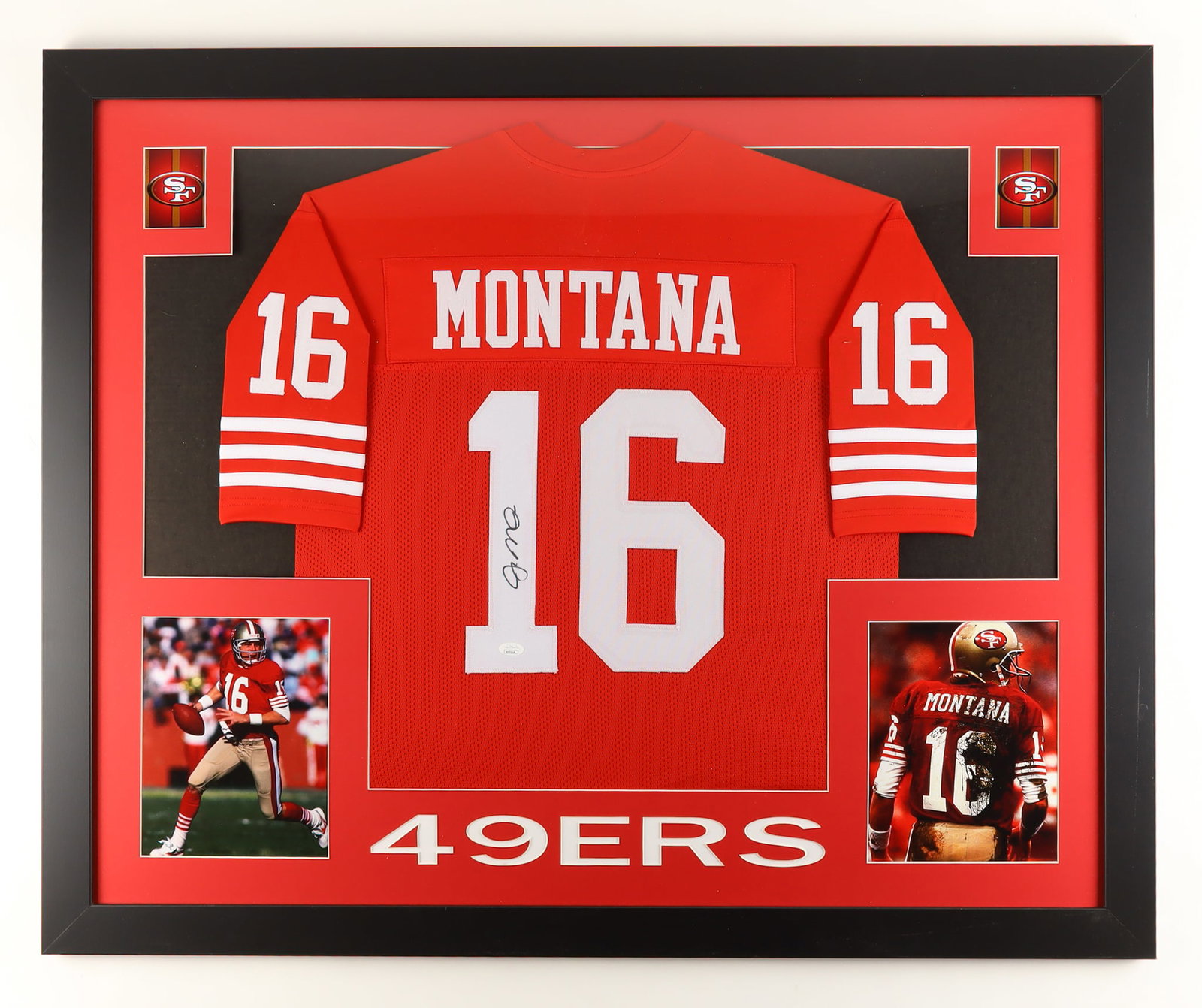JOE MONTANA SIGNED JSA AUTHENTICATED CUSTOM FRAMED JERSEY DISPLAY-: JOE MONTANA SIGNED SAN FRANCISCO 49ERS #16 JERSEY — JSA AUTHENTICATED — CUSTOM FRAMED Outstanding Joe Montana San Francisco 49ers #16 jersey, boldly hand-signed in black marker on the front white