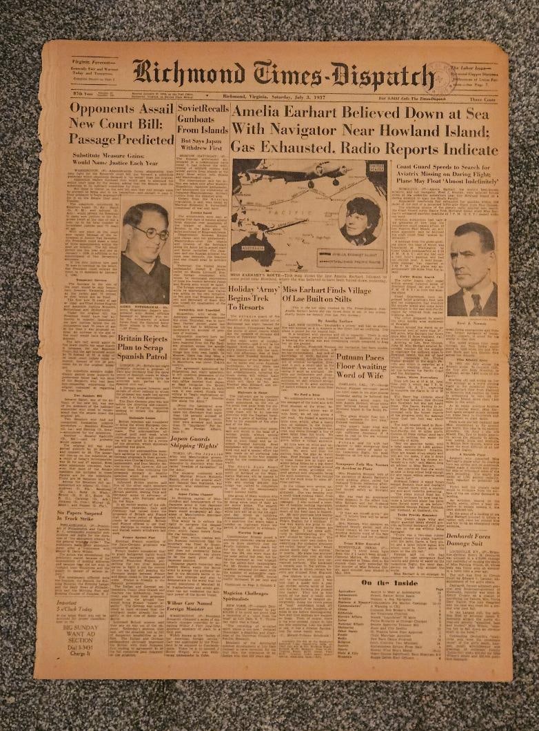 1937 AMIELA EARHART LOST AT SEA W PICTURES & MAP NEWSPAPER (1 of 3)