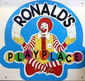 RONALD MCDONALD PLAY PLACE SIGN-ORIGINAL: VERY RARE MCDONALD'S PLAYPLACE SIGN 45 X 45 VINTAGE McDONALD’S “RONALD’S PLAYPLACE” PORCELAIN-STYLE ADVERTISING SIGN — RONALD McDONALD Colorful vintage-style McDonald’s “Ronald’s