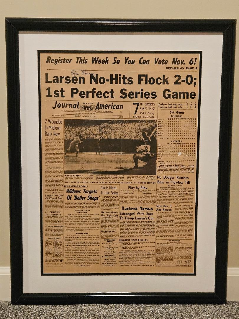 1956 DON LARSON SIGNED FROM PERFECT WORLD SERIES GAME: FRAMED NEW YORK JOURNAL AMERICAN OCTOBER 8,1956.In what is still considered one of the greatest single achievements in sports history, Don Larson pitched a perfect game in the World Series! Just the
