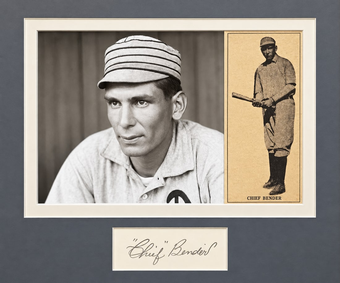 CHIEF BENDER SIGNATURE CUT WITH PHOTO: CHIEF BENDER SIGNATURE CUT WITH PHOTO When it comes to certification on autograph and signed items, this is our professional stance and opinion: The items certified by PSA, JSA or Beckett
