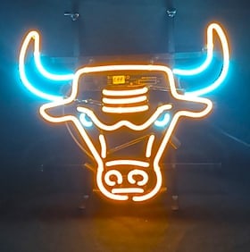 CHICAGO BULLS LOGO NEON: A vibrant and iconic Chicago Bulls neon sign featuring the legendary red bull logo. This high-quality neon piece is perfect for a man cave, sports bar, or game room. Measures 13 x 14 inches and emits