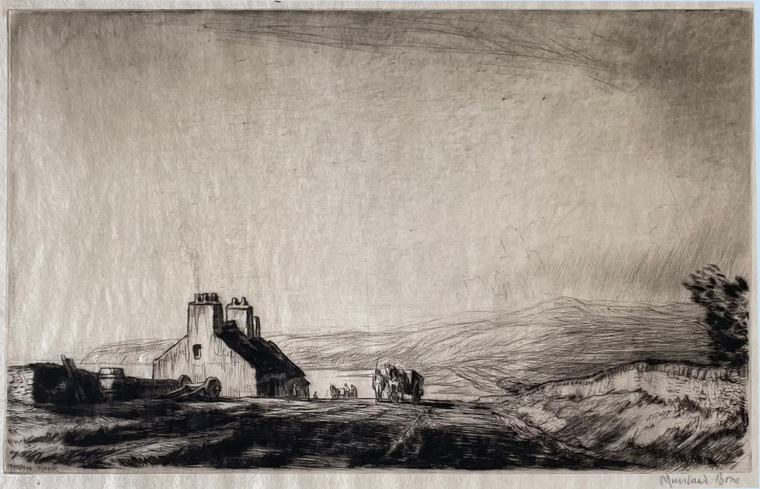 (David) Muirhead BONE (1876 - 1953) Drypoint Etching, Signed "The Ballantine Road" ca. 1925: Drypoint etching on Japon. “The Ballentine Road” ca. 1925. Signed and titled below plate. By Scottish artist Muirhead Bone. Measure: 12.5 x 20 cm print area. Provenance: Alfred and Maria Tarsk