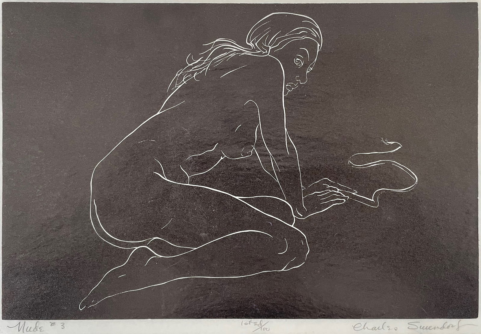 Charles F. SURENDORF (1906 - 1979) Lincut "Nude #3 (ca. 1950)": Linocut in black on paper, "Nude" woman on floor by American Modernist Charles Surendorf. Signed, titled and numbered (1st edi/100) in pencil below print. Measures: 8.5 x 12.5 plate + margins. Provena