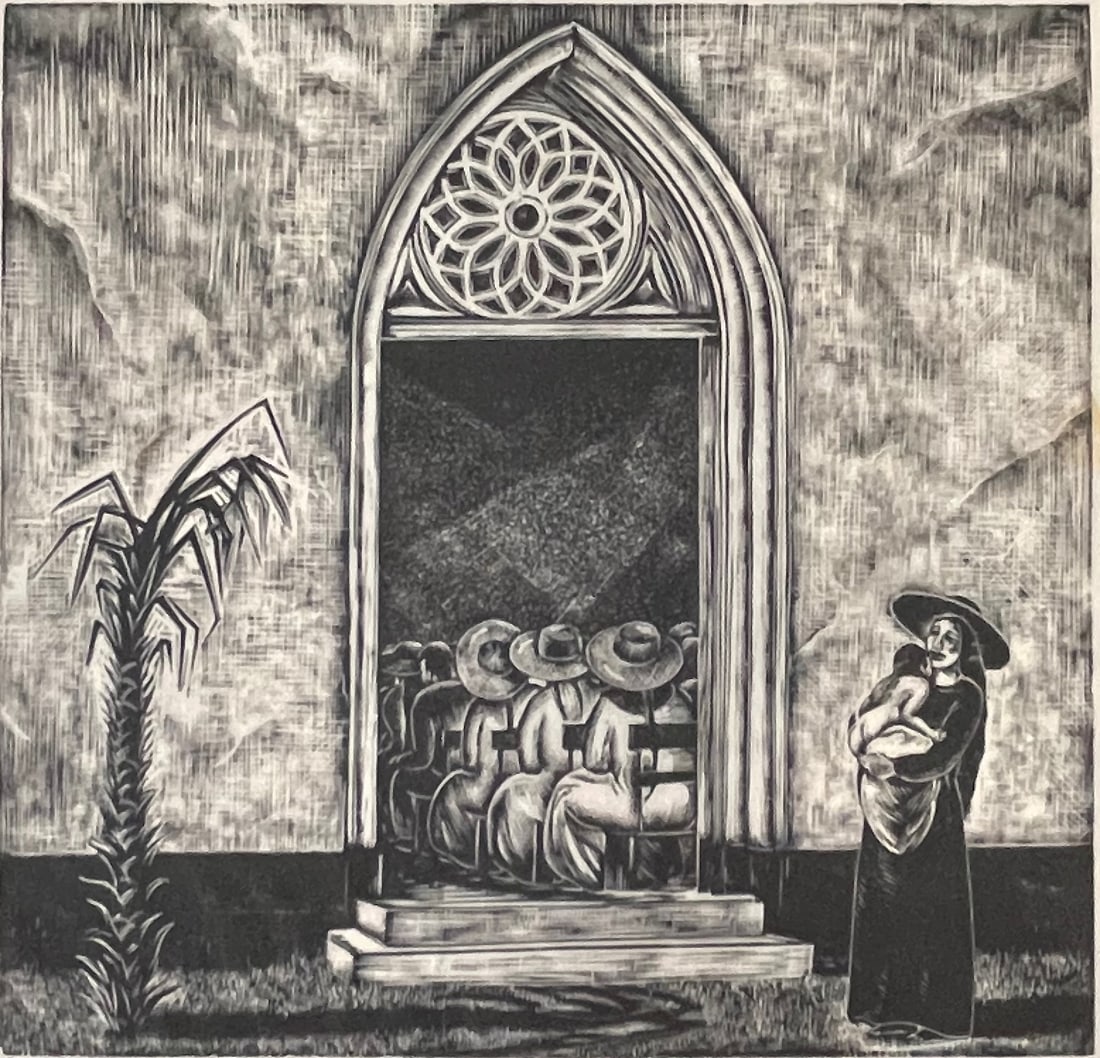 Charles F. SURENDORF (1906 - 1979) Linocut “Tahitian Church (ca. 1955) (1 of 3)