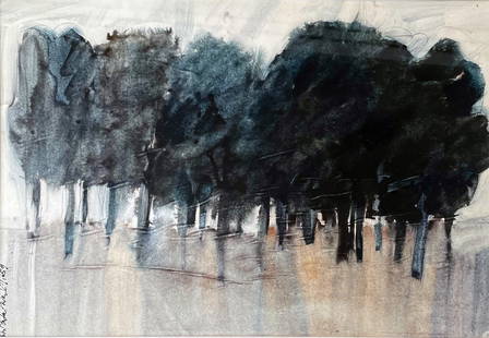 Robert Andrew PARKER (1927- ) Watercolor “Trees at Dusk?? 1959: Original watercolor on paper. A landscape with dark blue/black trees stand over a light brown washed ground. Signed in black and dated along left edge. 18&rdquo; x 26&rdquo;