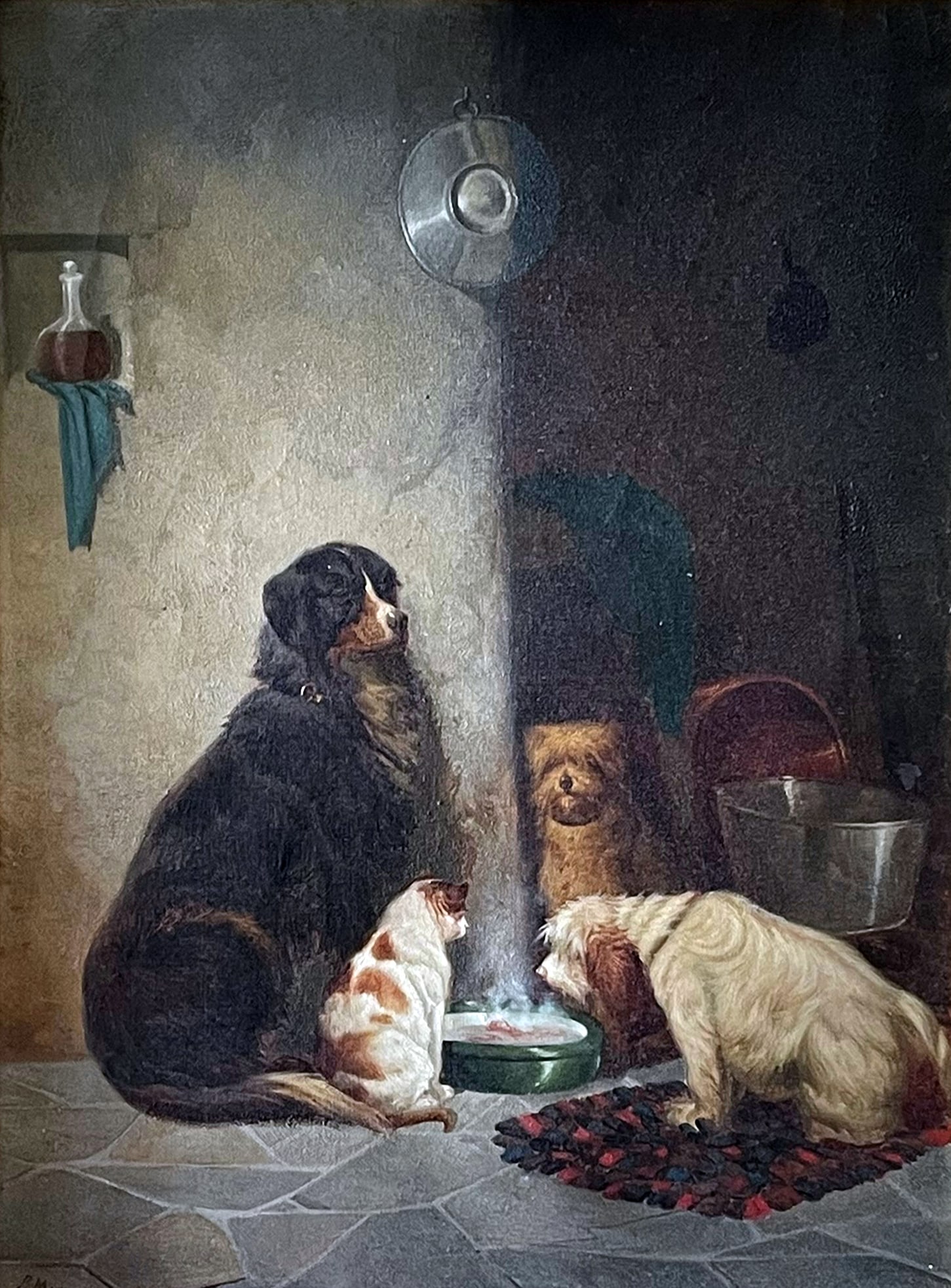 Peter MORAN (1841-1914) Oil "The Critics" c. 1882 Dogs: Oil on canvas. “The Critics” ca. 1880. Signed "P. Moran" 15” x 11” sight + frame.