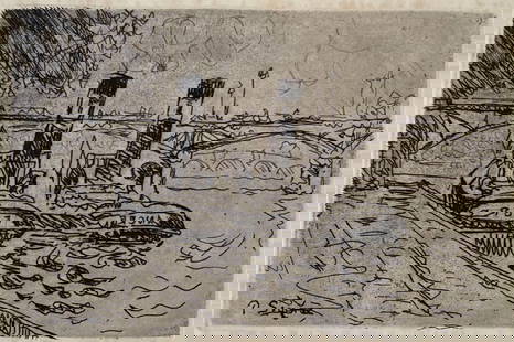 Paul SIGNAC (1863 - 1935) Etching-Aquatint Paris: Le Pont des Arts ave Remorqueurs (1927): Etching on paper after listed French artist Paul Signac. Titled “Paris: Le Pont des Arts avec Remorqueurs “ Unframed. Measures: 5 x 7.5 in. plate / 10 x 12 in. sheet.